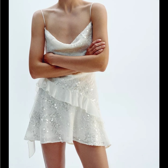 White Sequin Ruffle Mini Dress - Picture 1 of 3